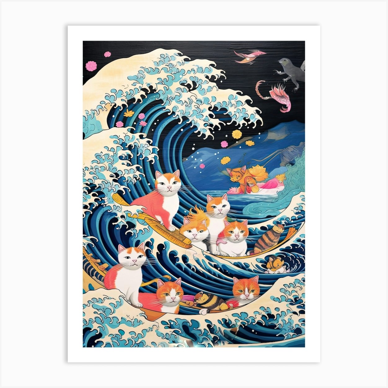 The Great Wave Off Kanagawa Ginger Cats Kitsch Art Print by Mambo - Fy