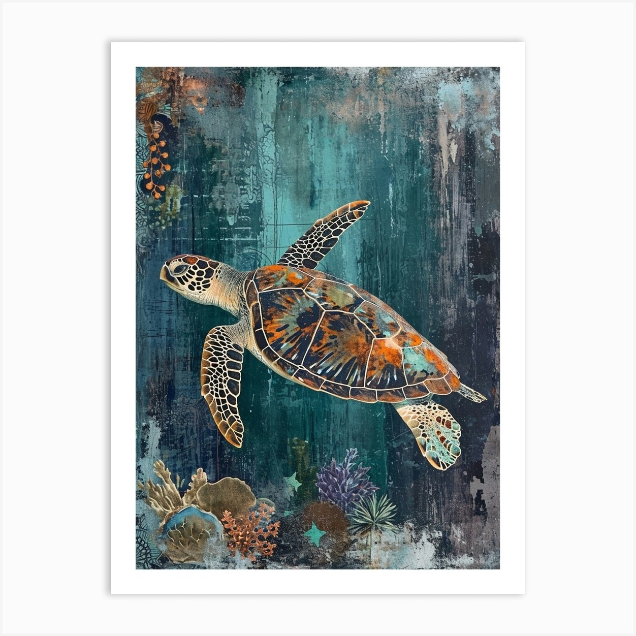 Blue Sea Turtle Exploring The Ocean Collage 2 Art Print by Energy of ...