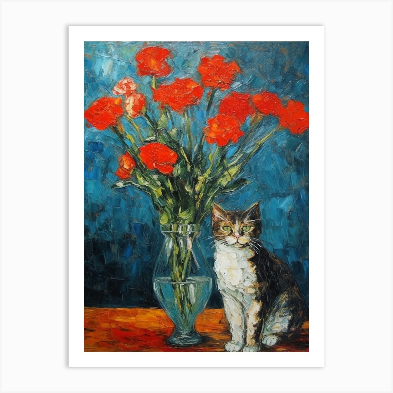 Still Life Of Carnations With A Cat 3 Art Print by Meowsterpieces Fy