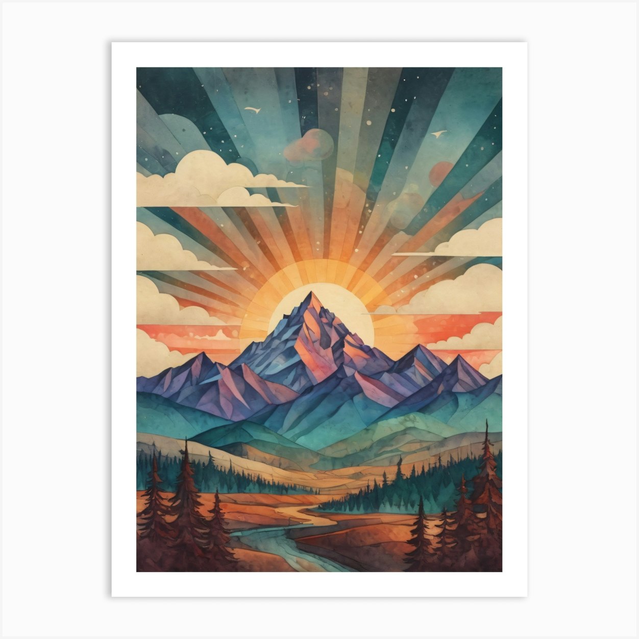 Minimalist Sunset Low Poly Mountains (16) Art Print by 1xMerch - Fy