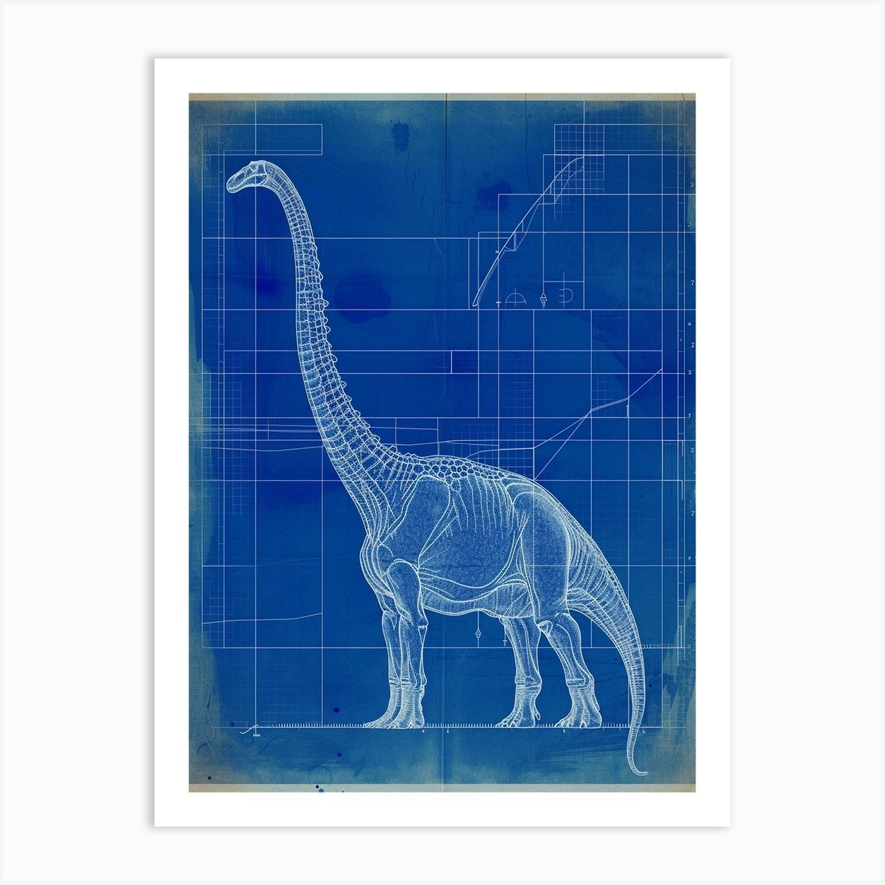 Brachiosaurus Dinosaur Blue Print Sketch 4 Art Print by Dino Delights - Fy