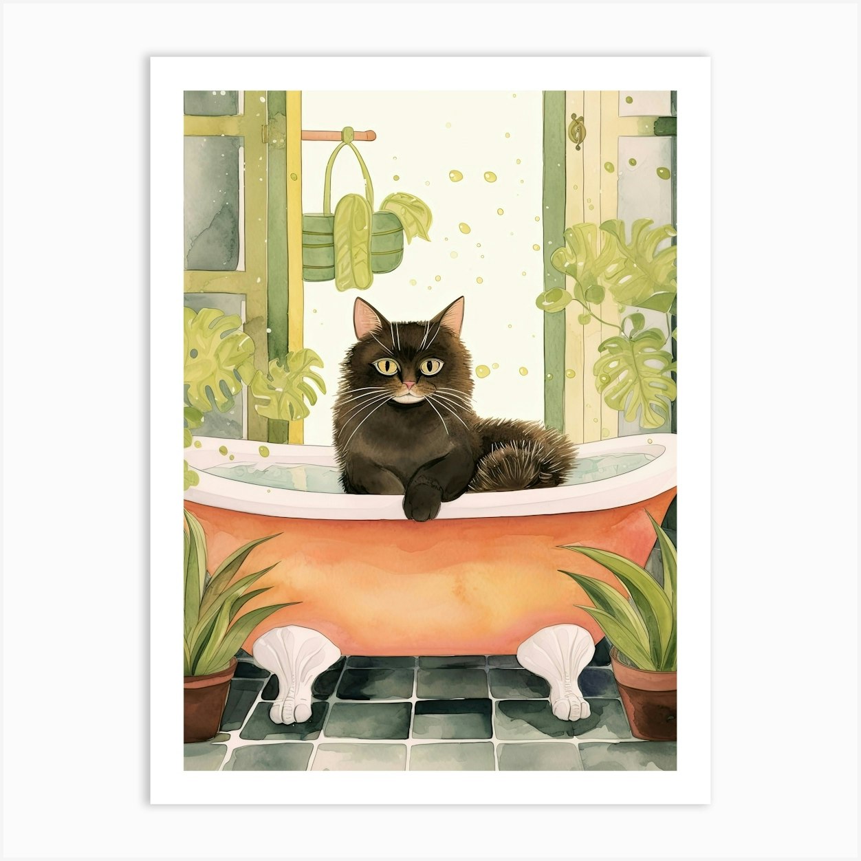 Black Cat In Bathtub Botanical Bathroom 7 Art Print by Meowsterpieces - Fy