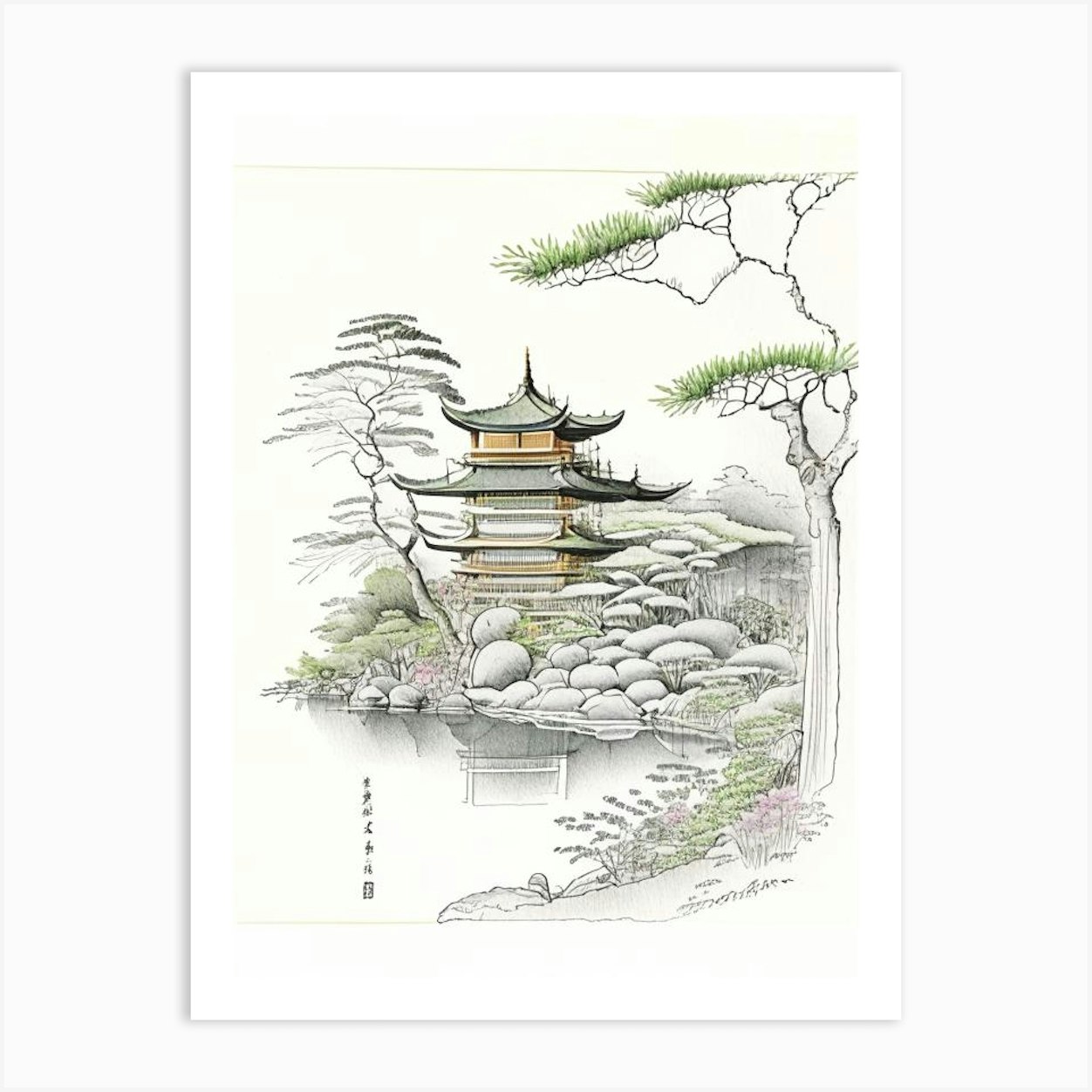 Ginkaku Ji, Japan Vintage Pencil Drawing Art Print by Gardens of the