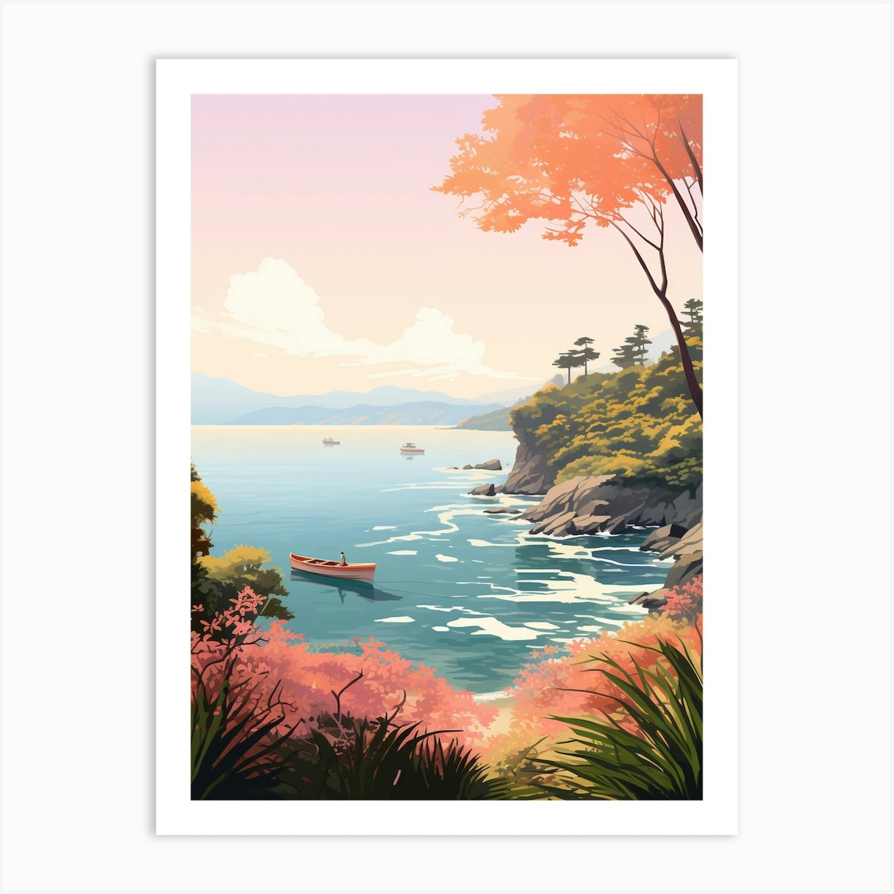 An Illustration In Pink Tones Of A Boat And Trees Overlooking The Ocean ...