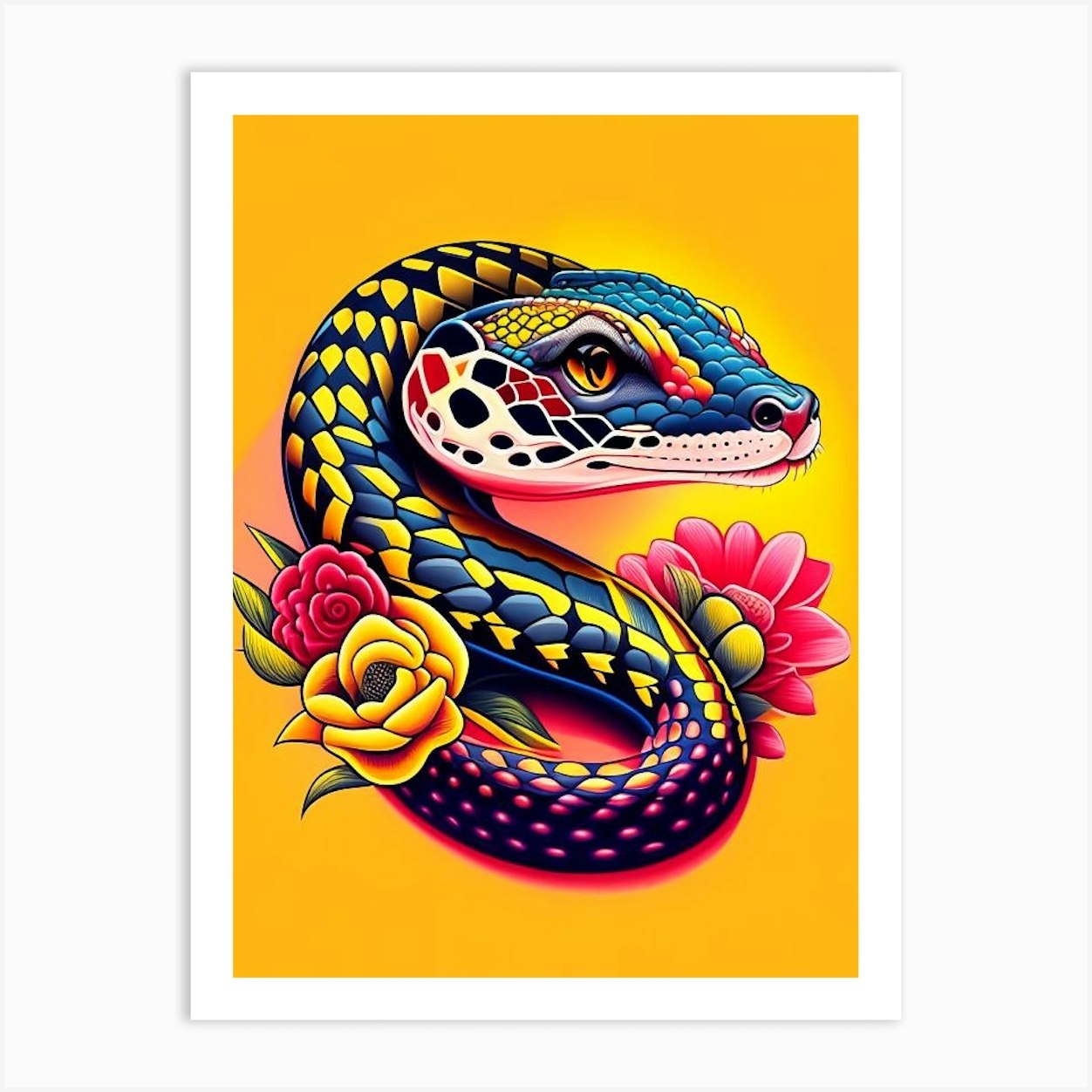 Eastern Diamondback Rattlesnake Tattoo Style Art Print by The Snake Pit
