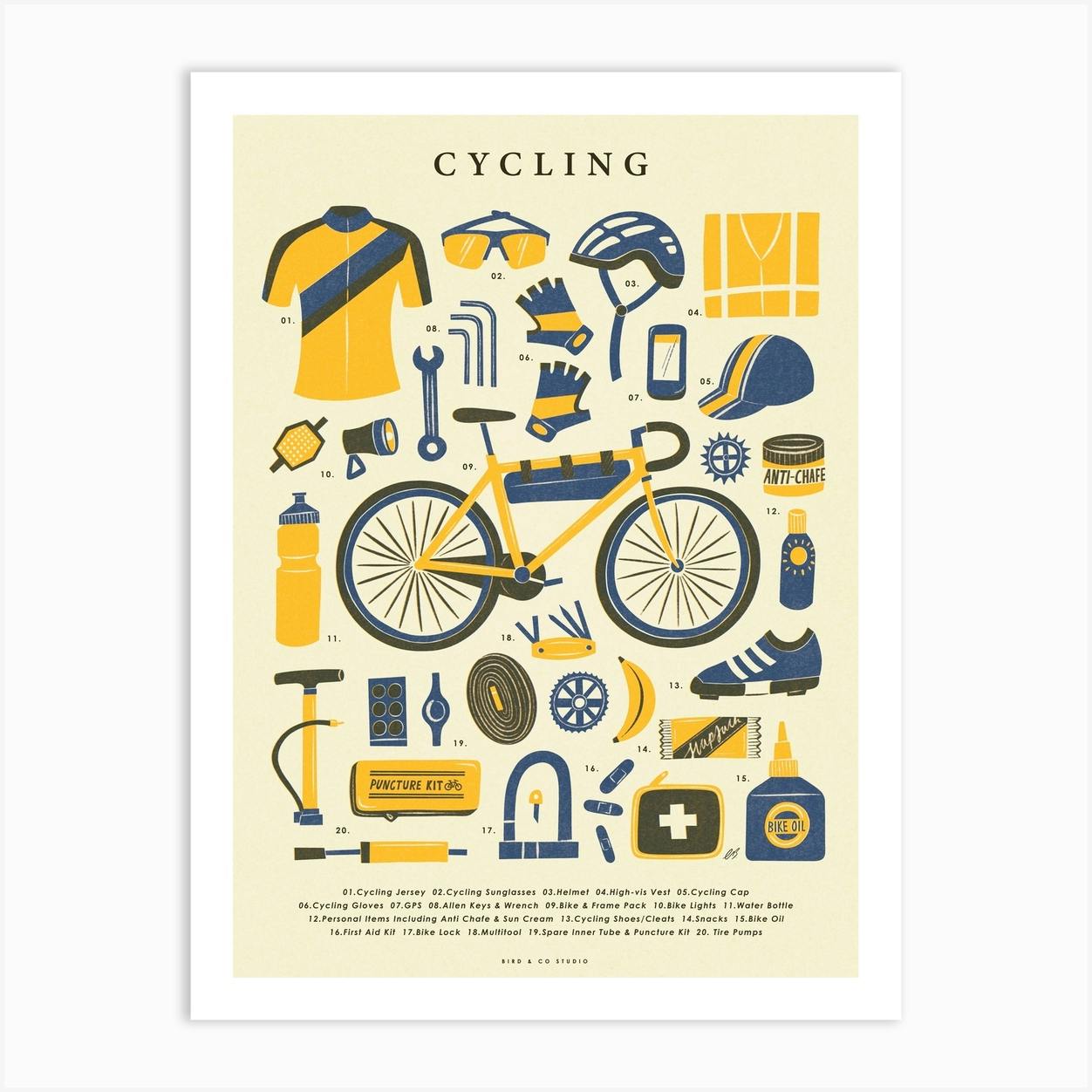 Retro Cycling Kit Art Print in Blue Yellow and Cream Vintage