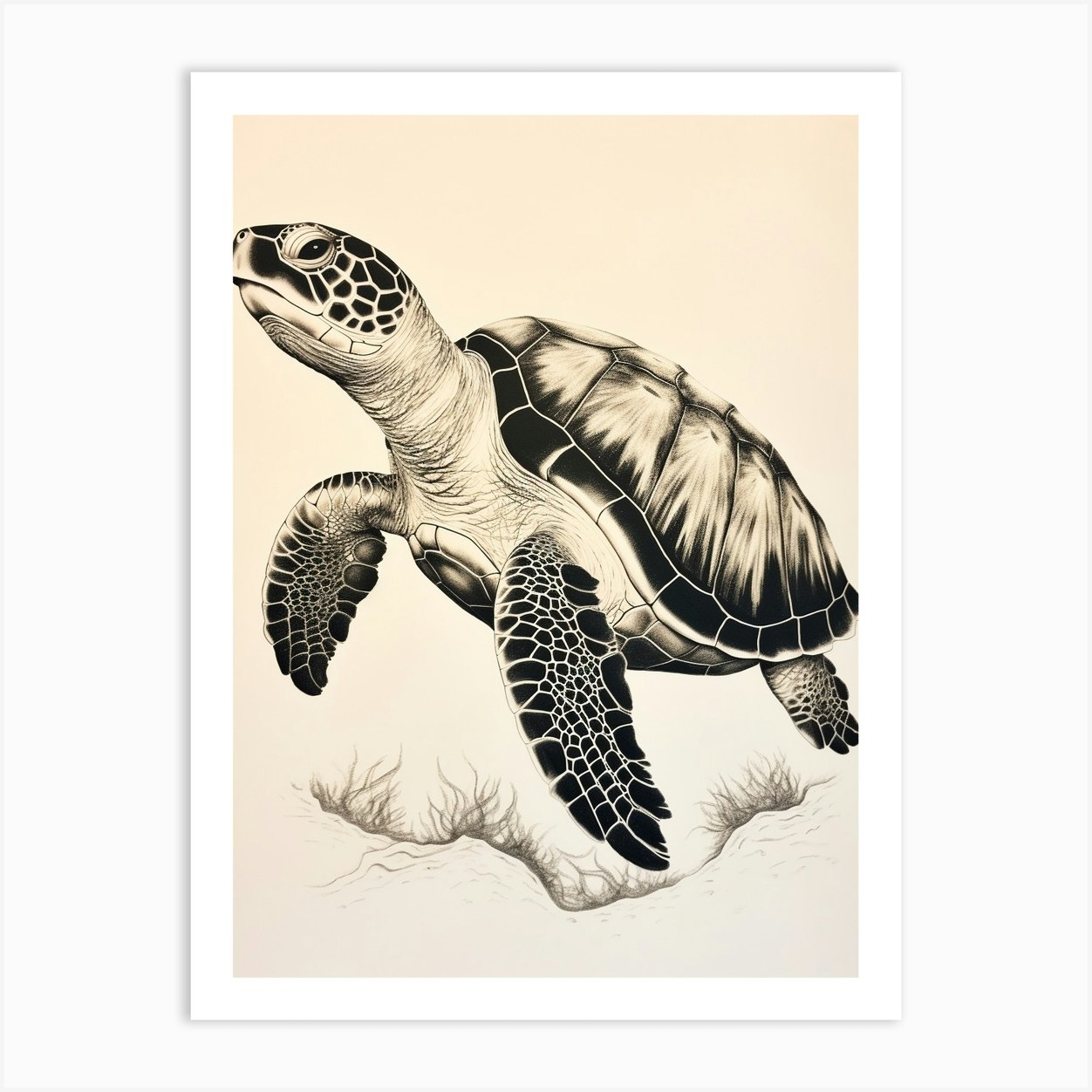 Sepia Black Contrast Turtle Illustration Art Print by Marine ...