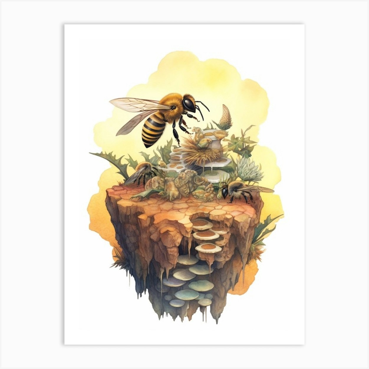 Chocolate Mining Bee Beehive Watercolour Illustration 3 Art Print by