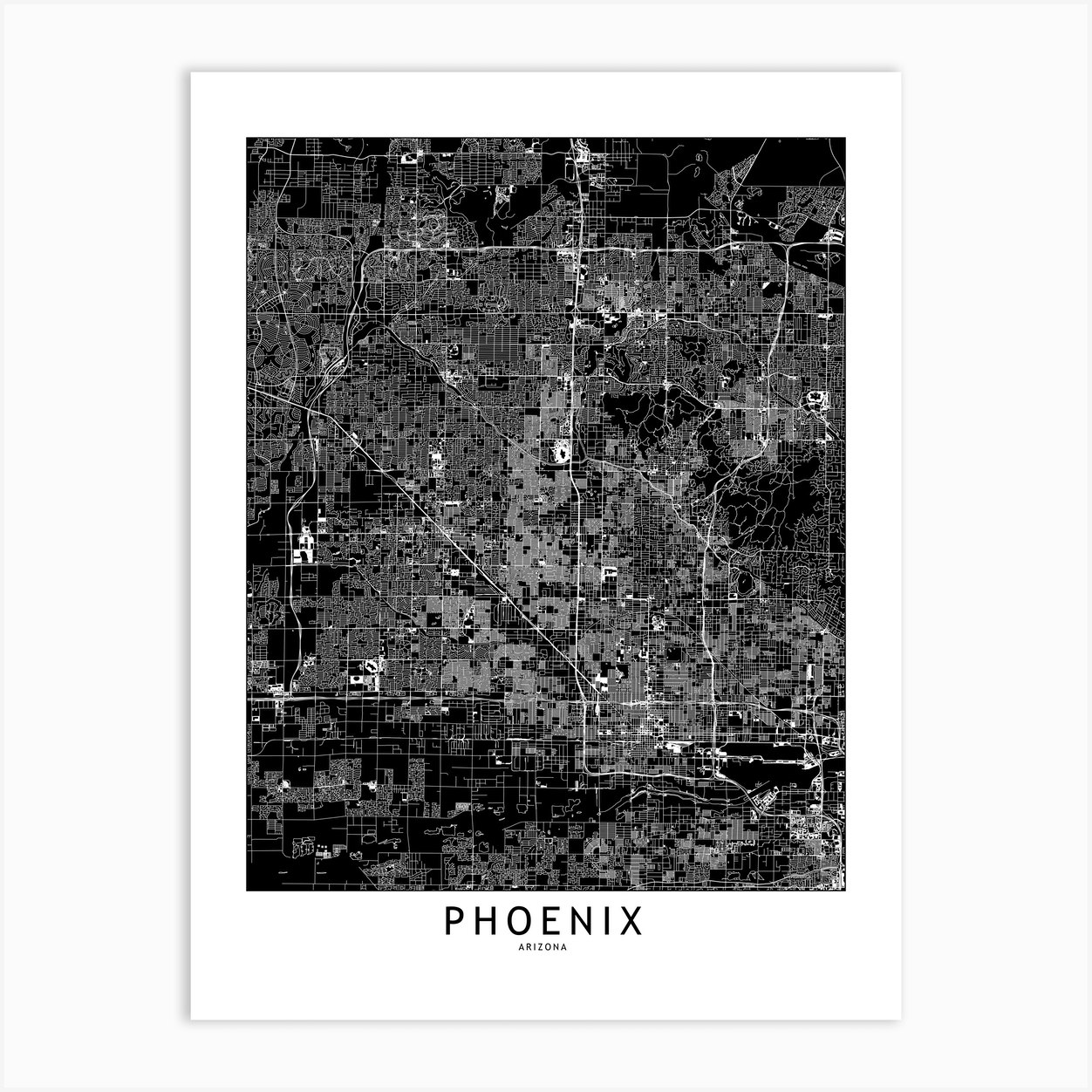 Phoenix Black And White Map Art Print by multipliCITY - Fy