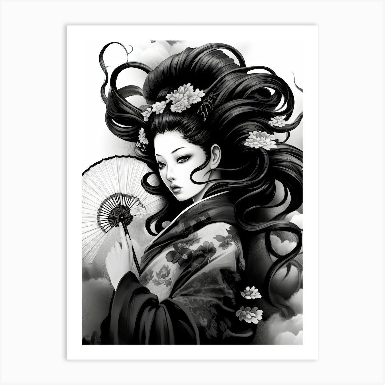 Geisha Black And White Anime Style 2 Art Print by Blade and Brush - Fy