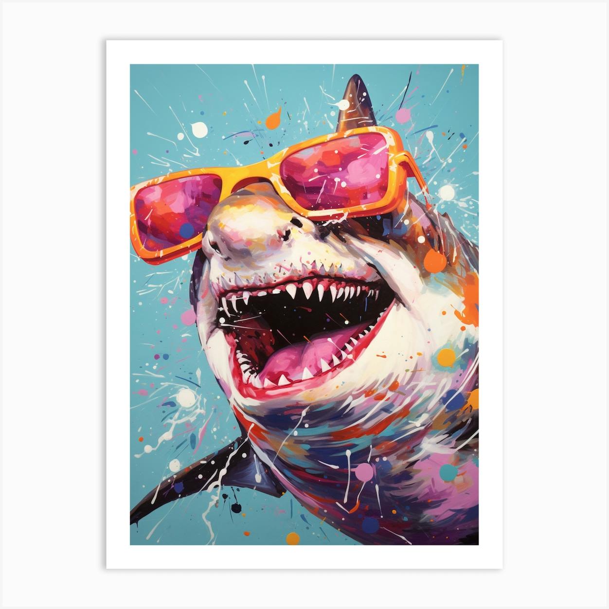 A Shark In Sunglasses Vibrant Paint Splash 1 Art Print