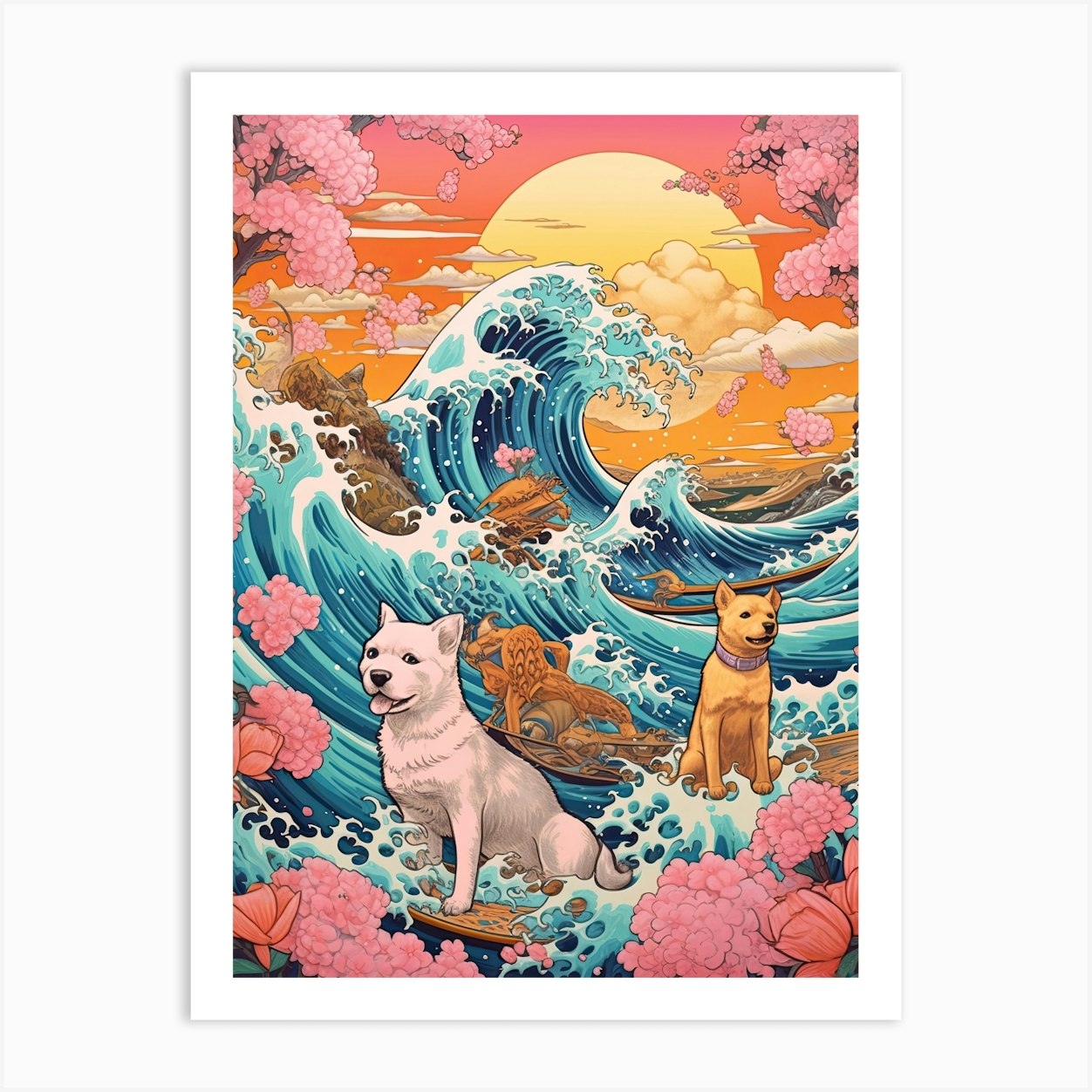 The Great Wave Off Kanagawa Puppies Kitsch Art Print by Mambo - Fy