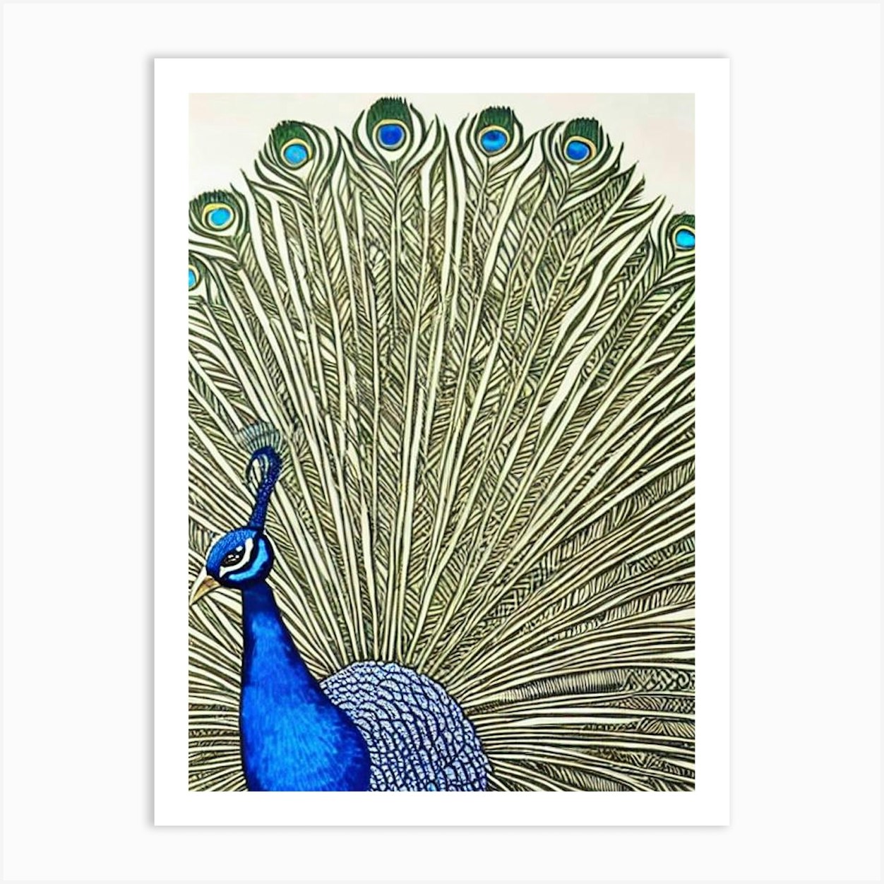 Peacock Linocut Art Print by Featherline - Fy