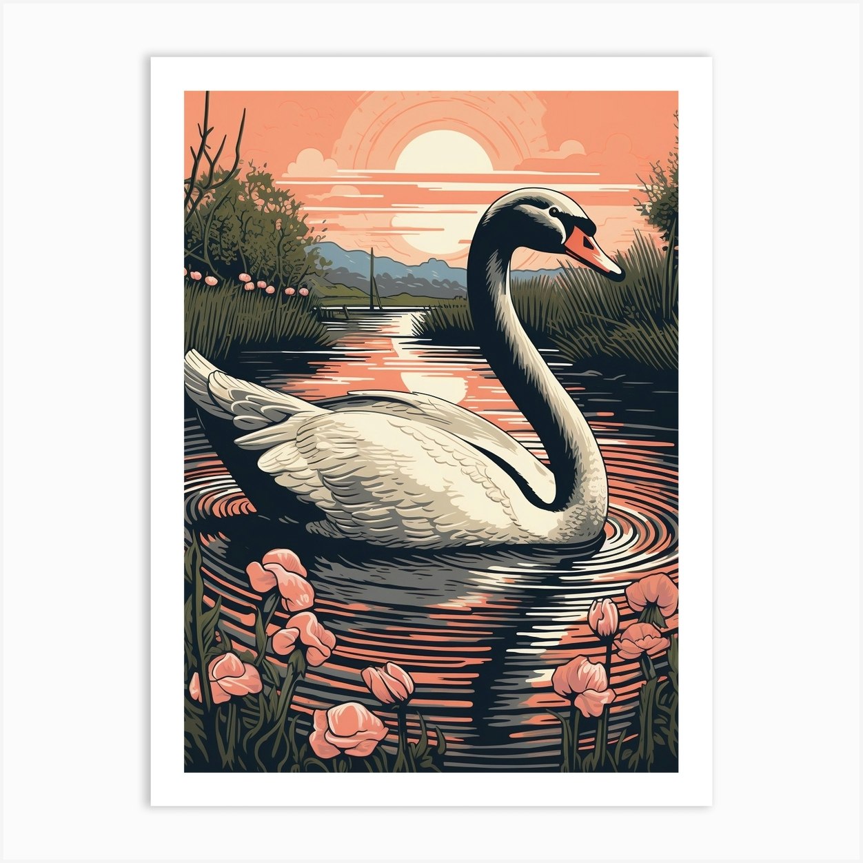 Vintage Bird Linocut Swan 1 Art Print by Feathered Muse - Fy