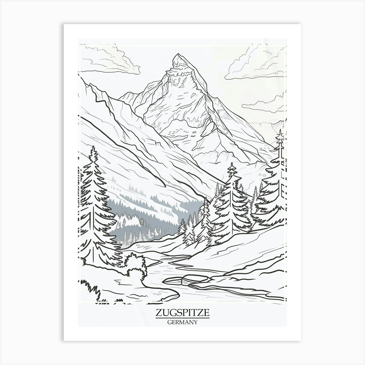 Zugspitze Germany Color Line Drawing Drawing 6 Poster Art Print By Pixel Peaks Fy 7480