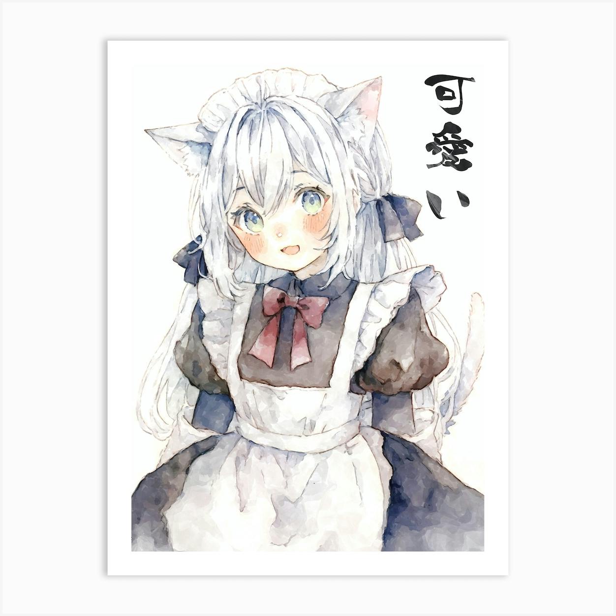 Kawaii Anime Girl With Cat Ears Neko Nekomimi Watercolor Maid Costume Otaku Art Print by Cloud Masaki Fy