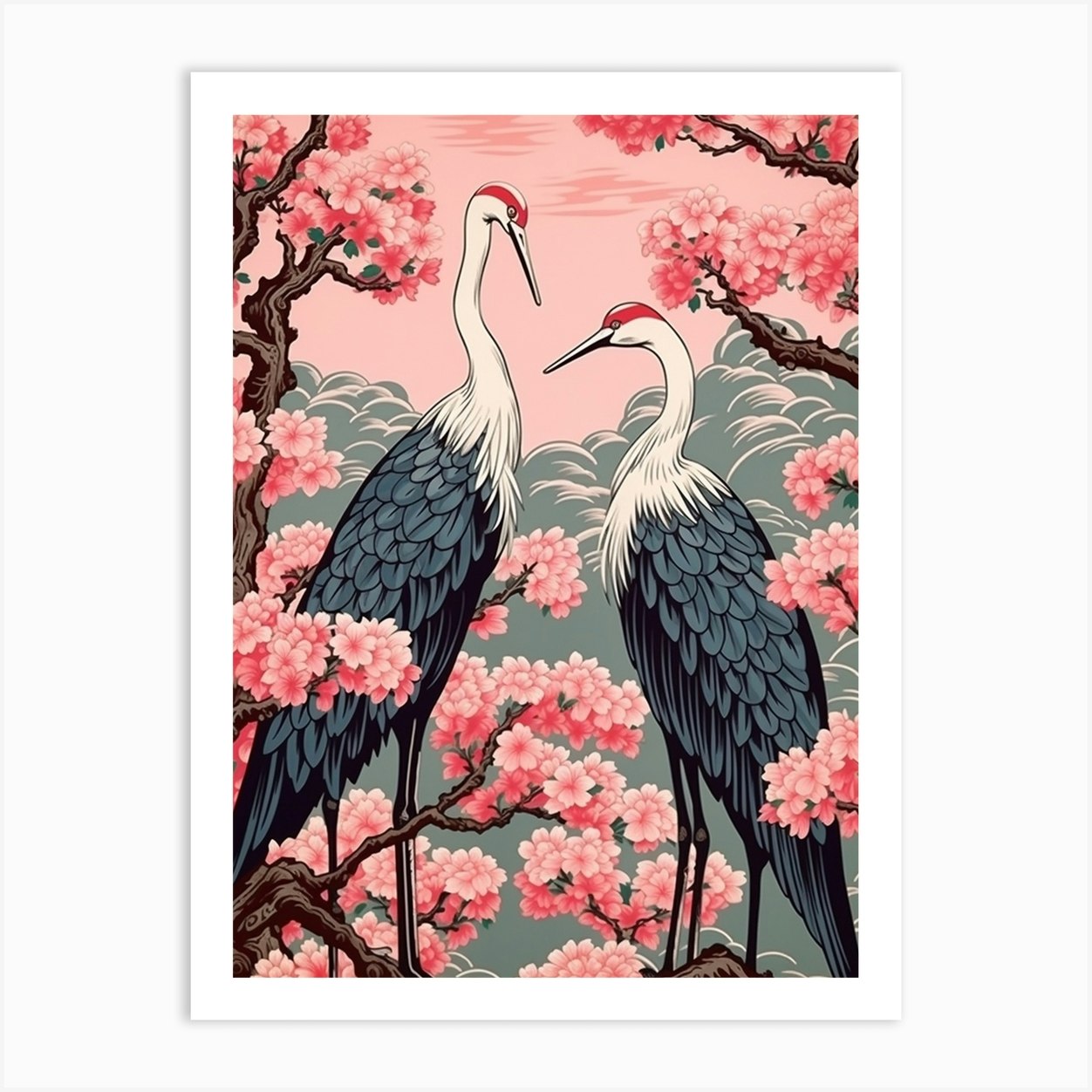 Cherry Blossom And Cranes Vintage Japanese Botanical Art Print by ...