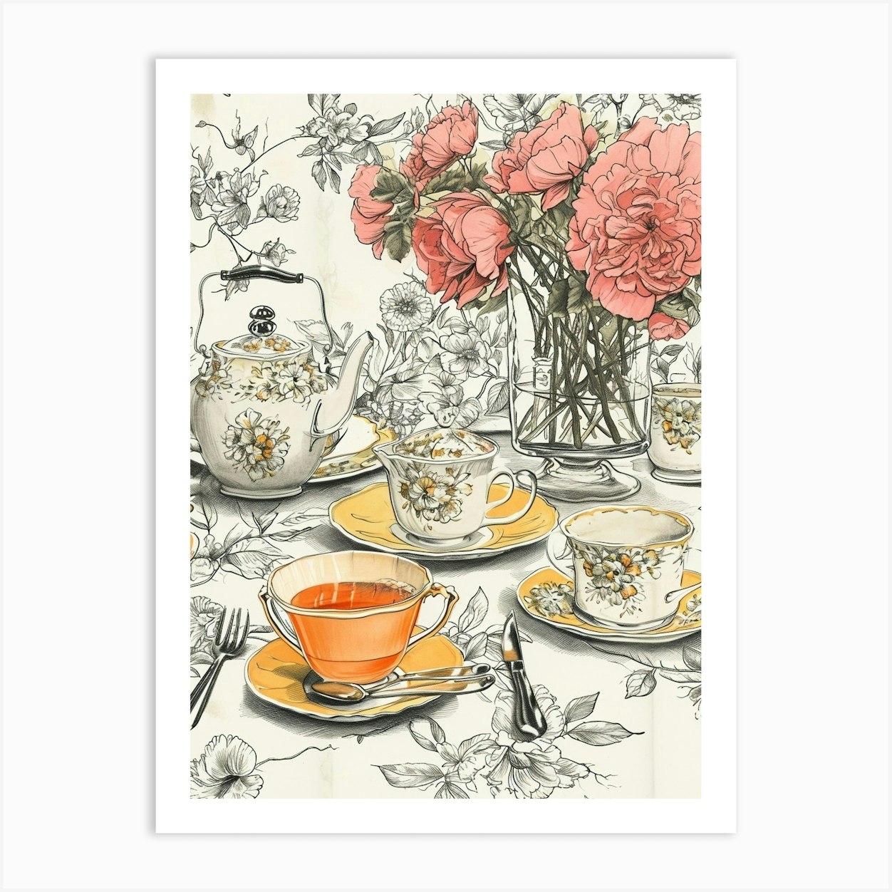 Watercolour Afternoon Tea Line Illustration 3 Art Print by Artful ...