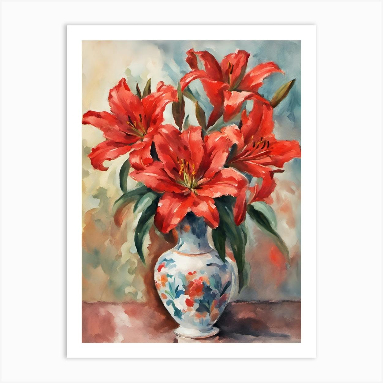 Red Peruvian Lillies in Vase top (no.124) Oil Painting Realism Floral Nature Flowers Still Life