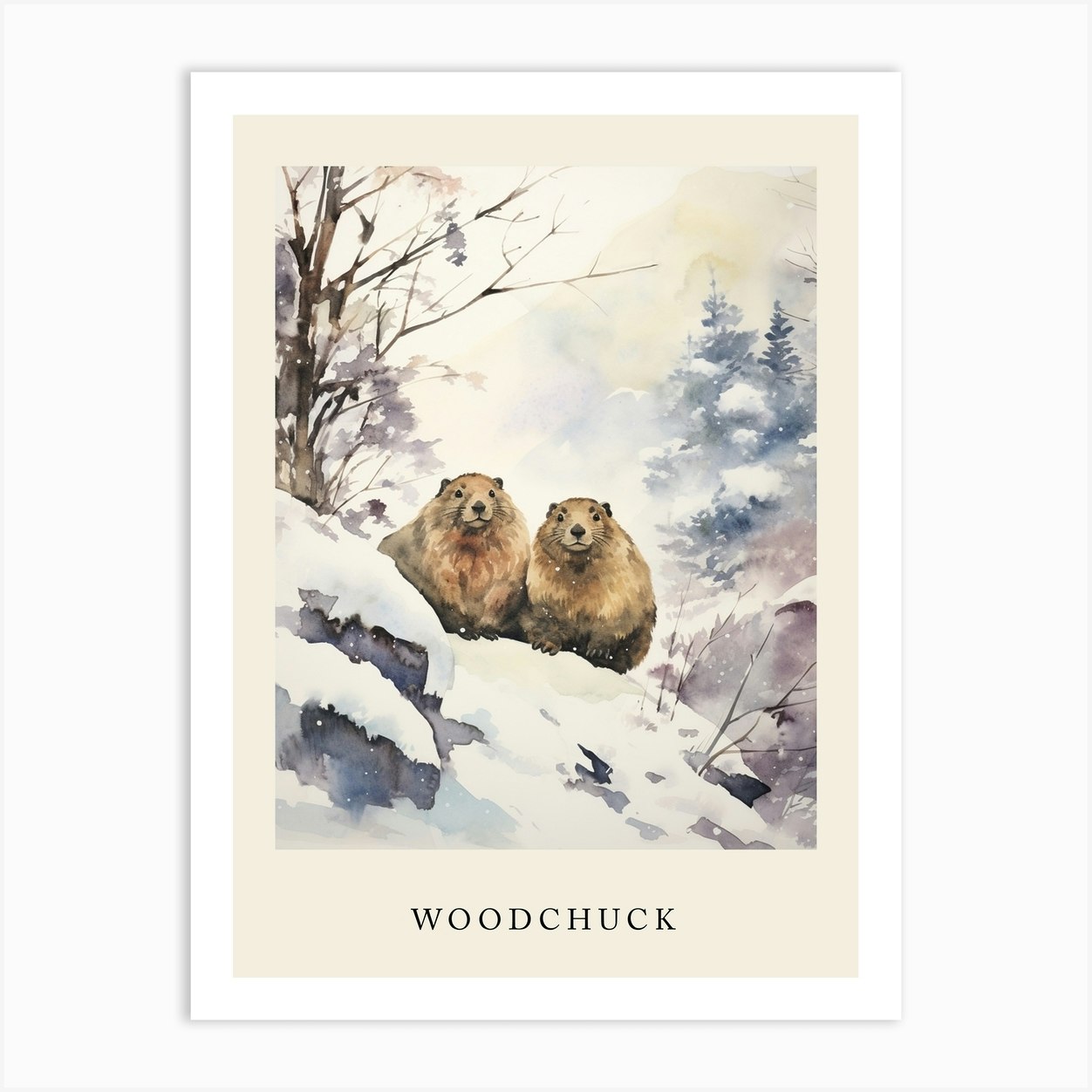 Winter Watercolour Woodchuck 2 Poster Art Print by Bon Hiver Prints Fy