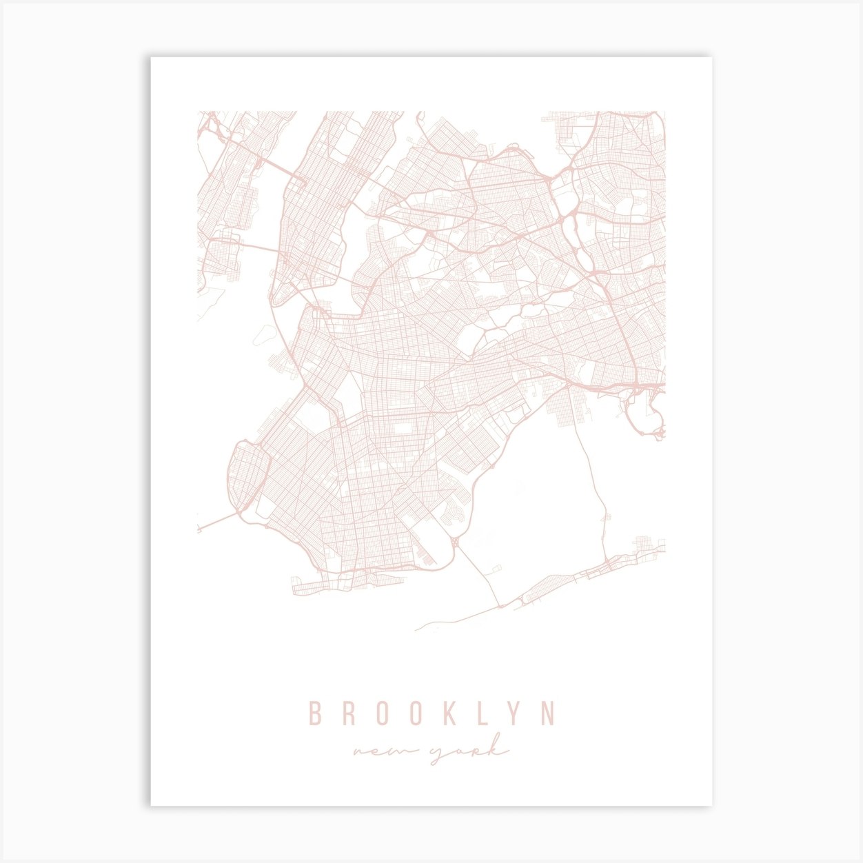 Brooklyn New York Light Pink Minimal Street Map Art Print by Typologie
