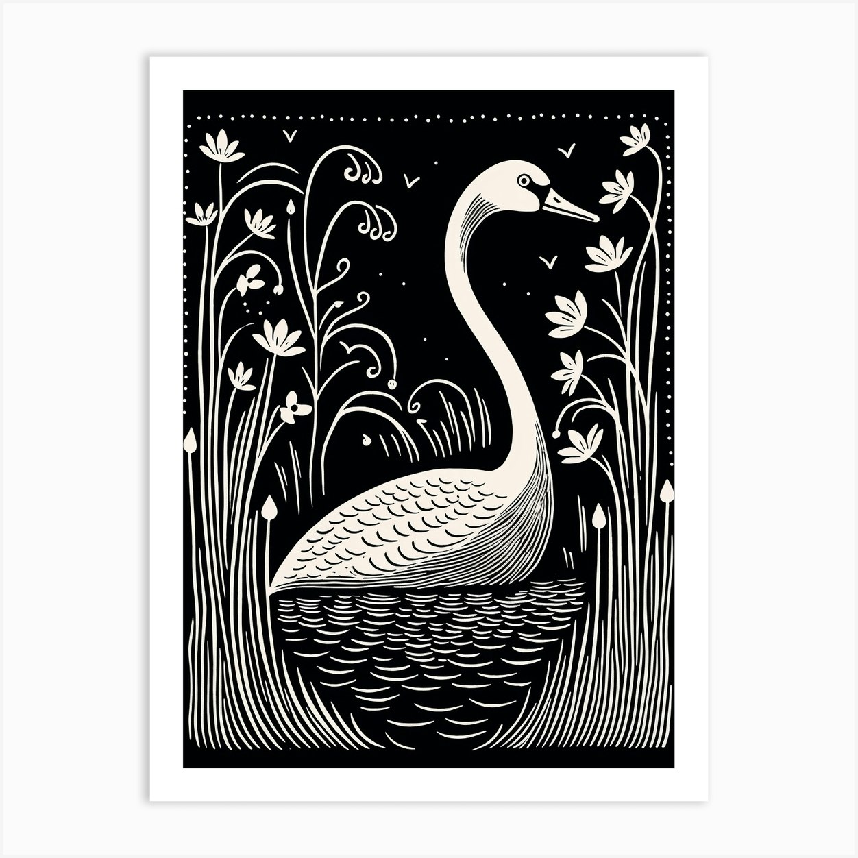 B&W Bird Linocut Swan 6 Art Print by Feathered Muse - Fy