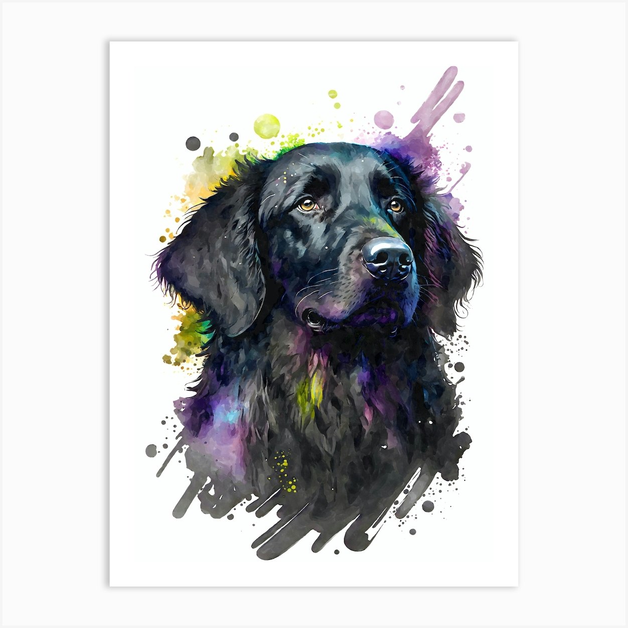 Flat-coated Retriever Watercolor Portrait Black Ink Flatty Art Print by ...