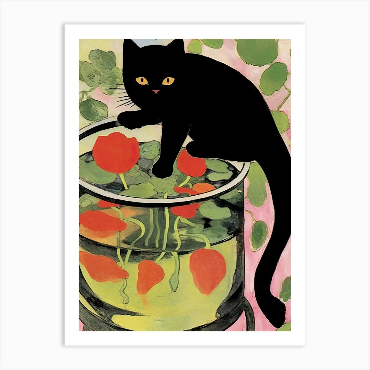 A Black Cat And Goldfish In A Bowl Illustration Matisse Style Art Print by Mambo Fy