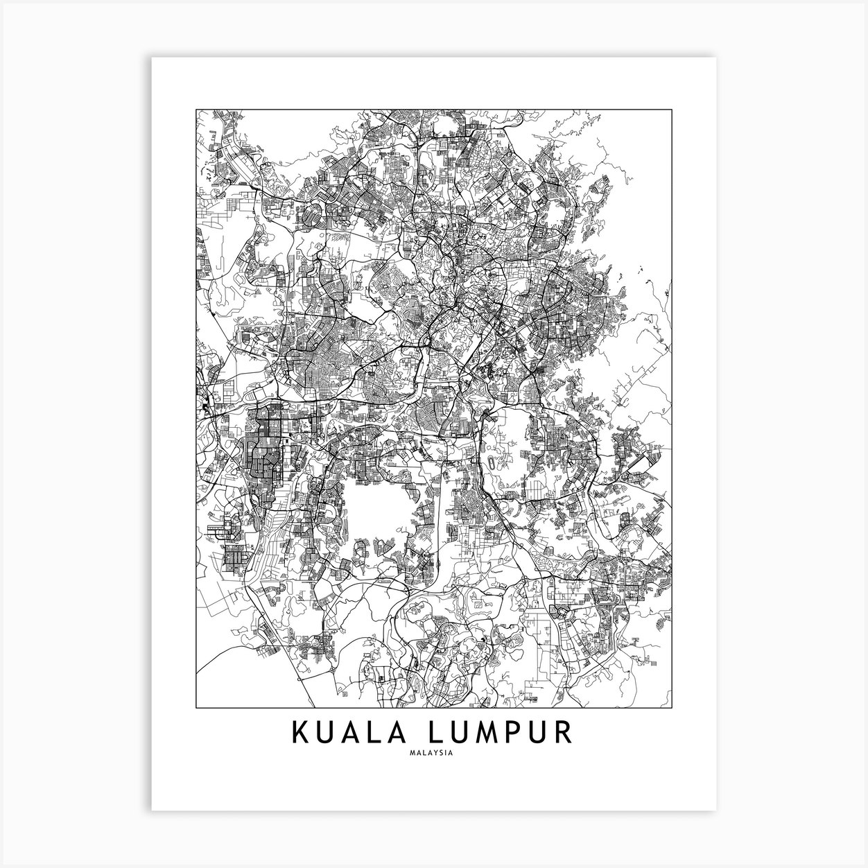 Kuala Lumpur White Map Art Print by multipliCITY - Fy