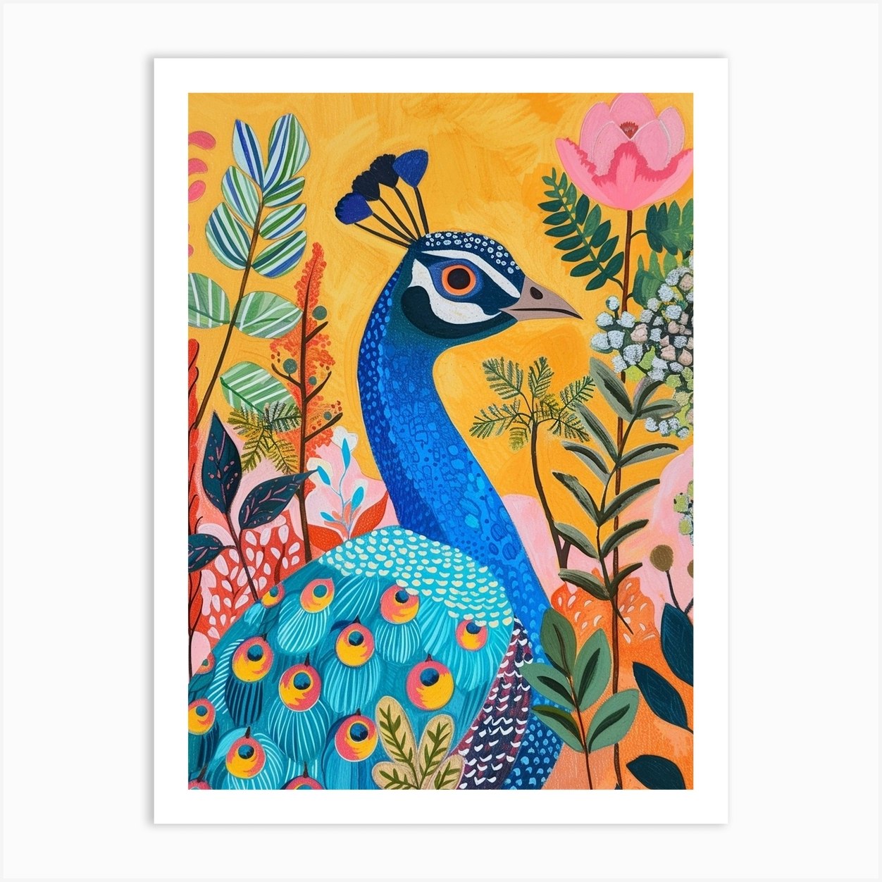 Folk Colourful Peacock 2 Art Print by Featherline - Fy