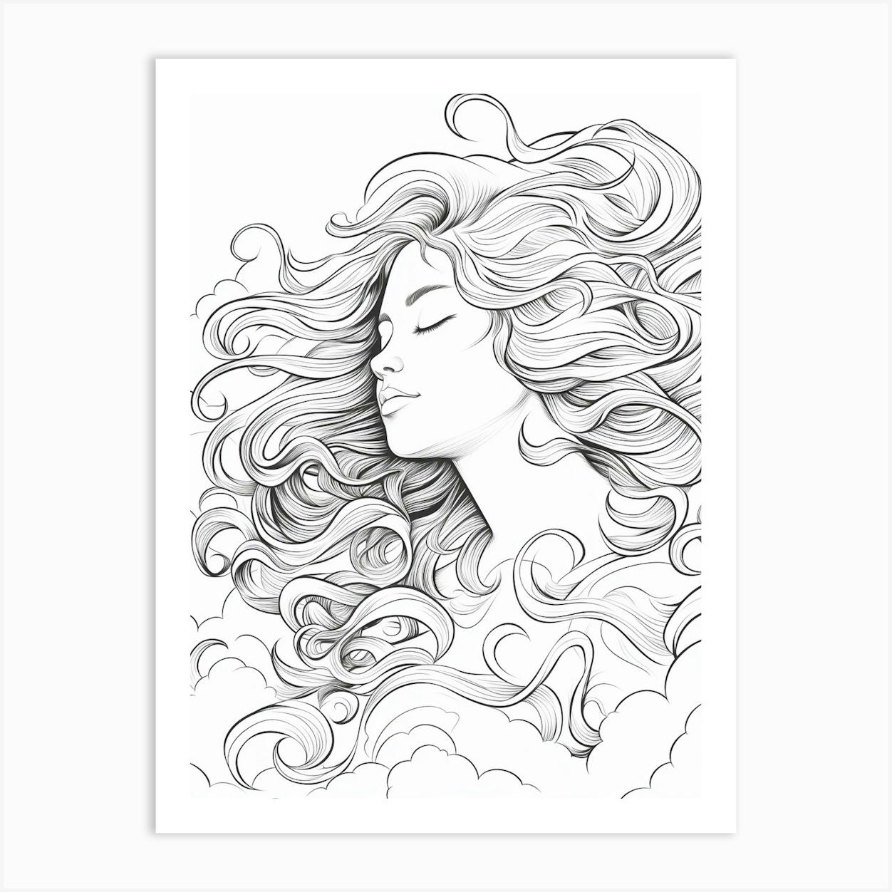 Wavy Hair Fine Line Drawing Colouring Book Style 4 Art Print by Essence Lines Fy