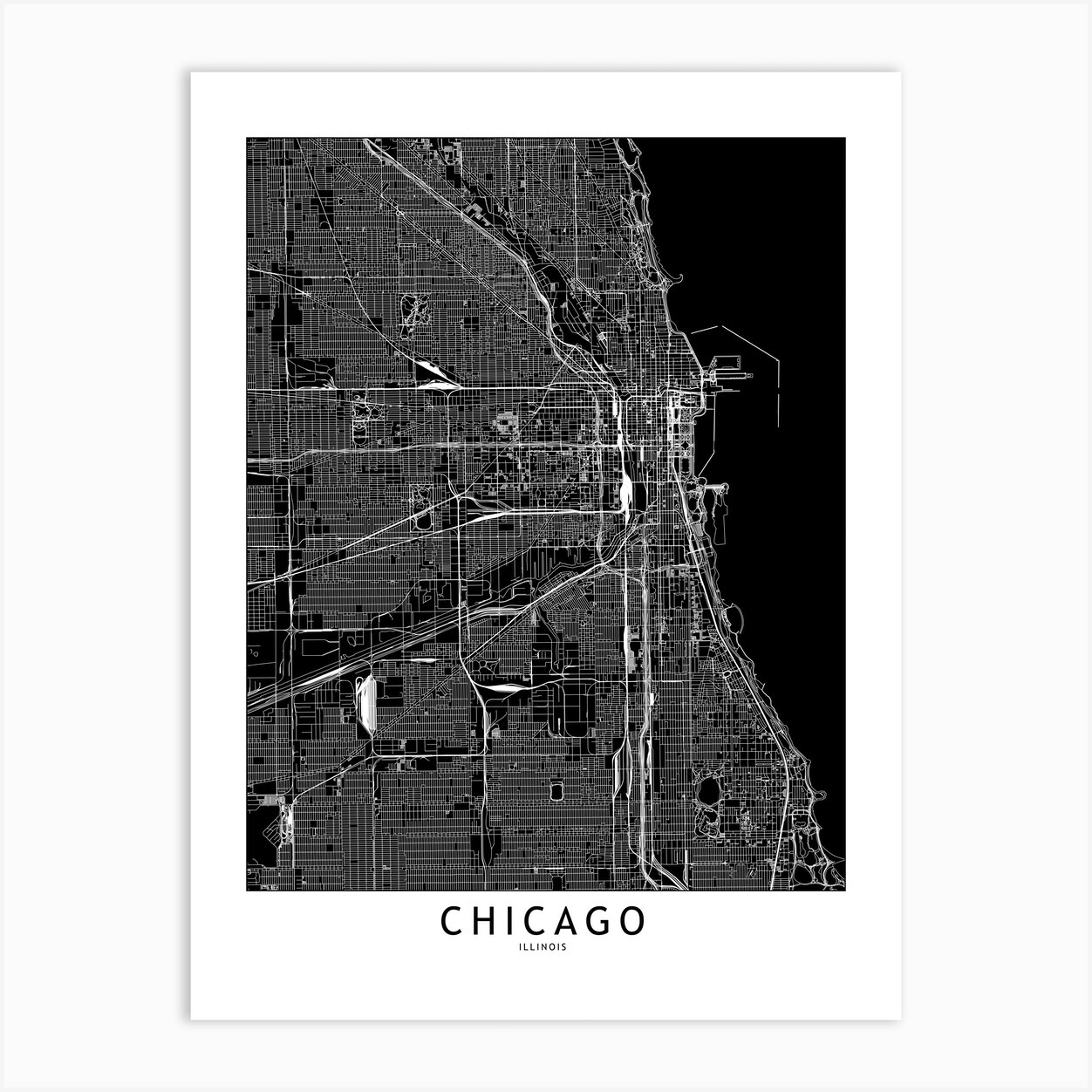 Chicago Black And White Map Art Print by multipliCITY - Fy