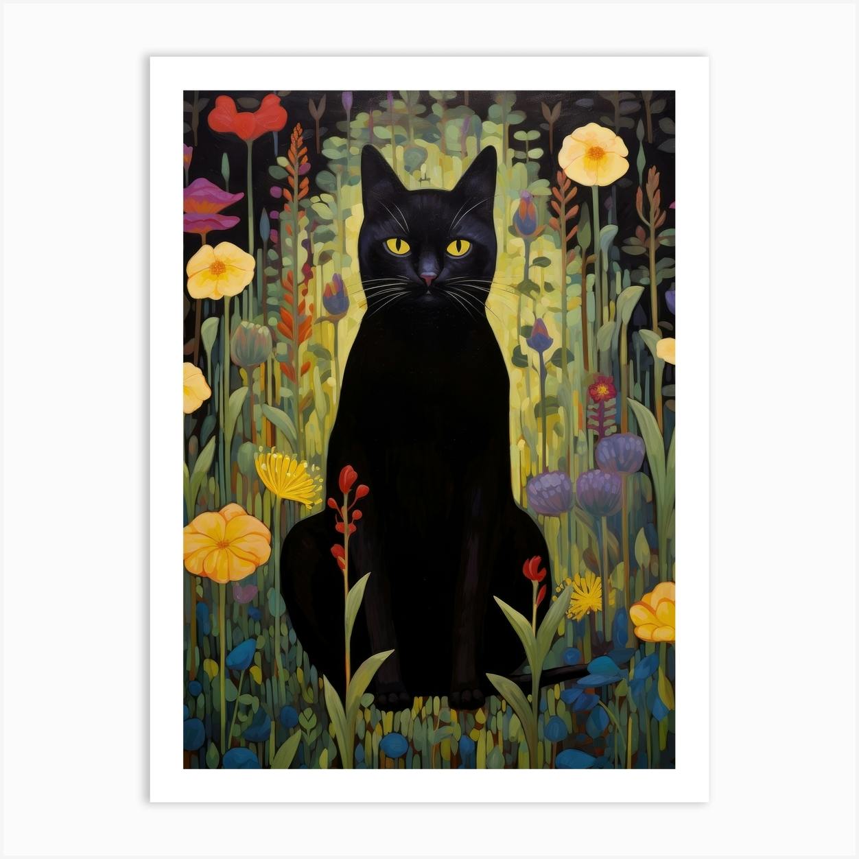 Black Cat Art, Purple Garden - 16 x 16 Giclee, Cat Art, Whimsical, Cat Decor, orders Floral Cat, Cat Lovers