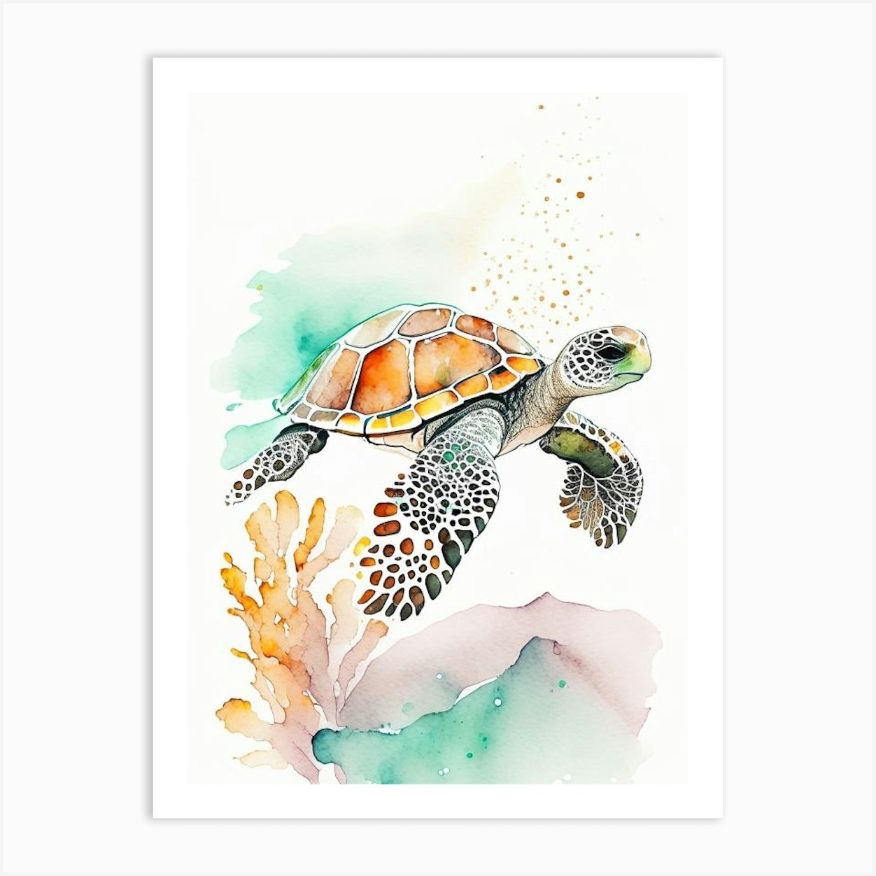 A Single Sea Turtle In Coral Reef, Sea Turtle Minimalist Watercolour 2 ...