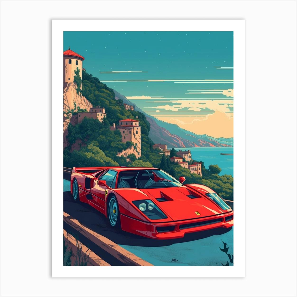 A Ferrari F40 In Amalfi Coast, Italy, Car Illustration 1 Art Print