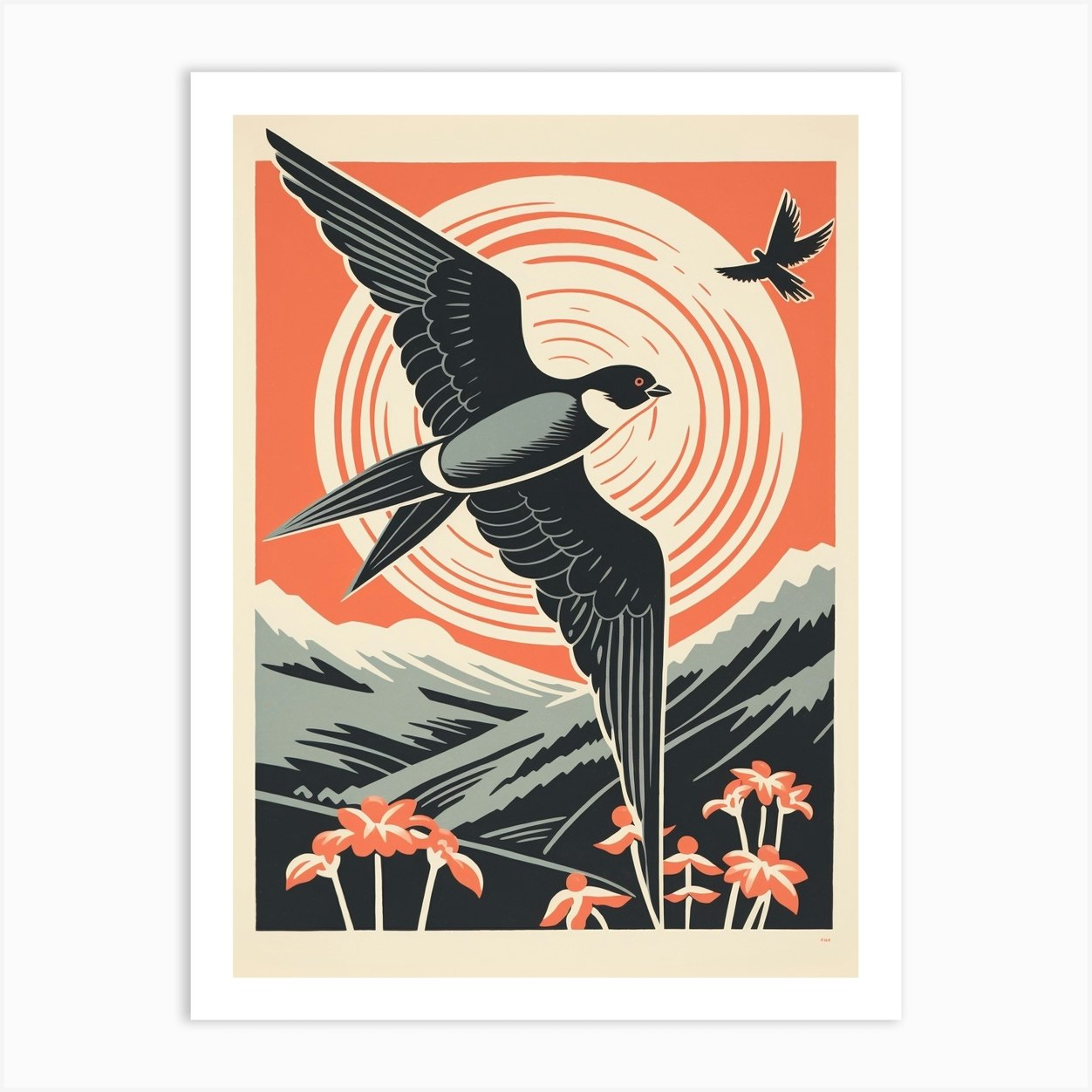 Vintage Bird Linocut Chimney Swift 1 Art Print by Feathered Muse - Fy
