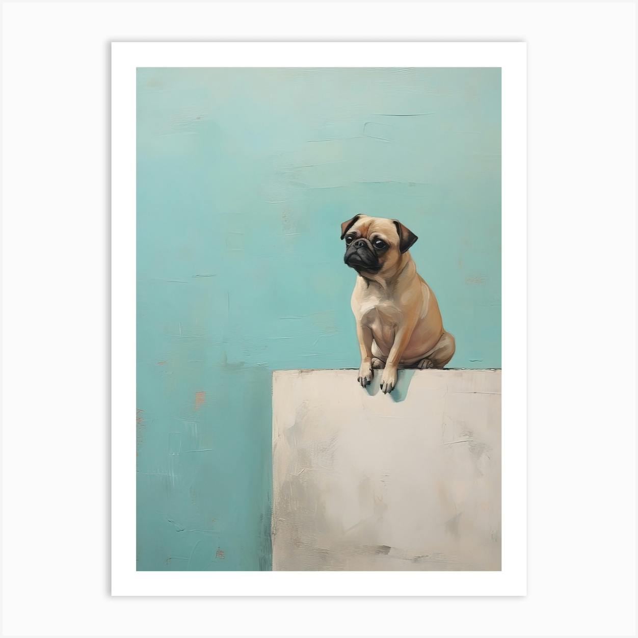 Pug Dog Painting In Light Teal And Brown 2 Art Print