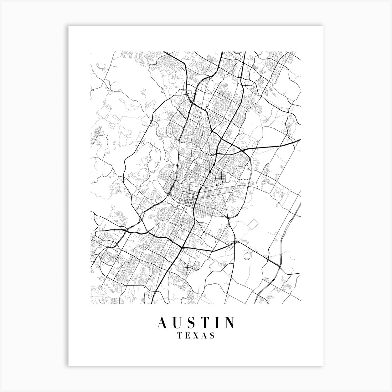Austin Texas Street Map Minimal Art Print by Typologie Paper Co - Fy