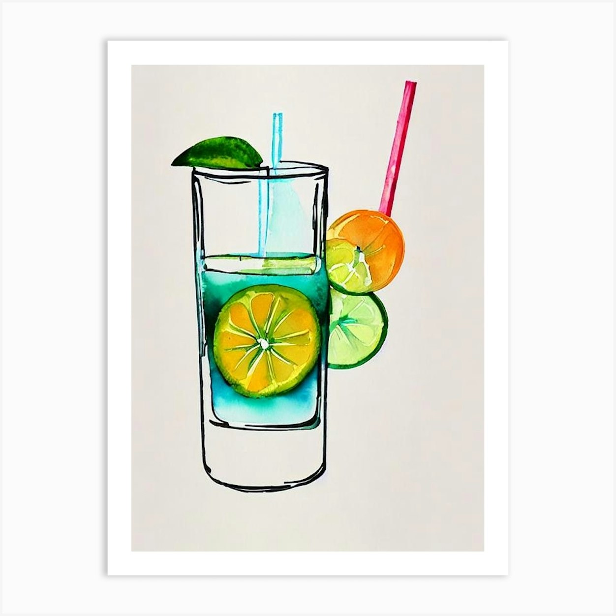 Mai Tai Minimal Line Drawing With Watercolour Cocktail Poster Art Print 