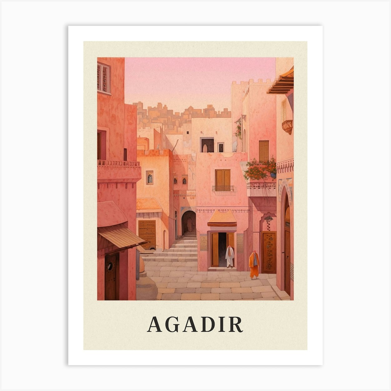 Agadir Morocco 3 Vintage Pink Travel Illustration Poster Art Print By Medart Fy 2847