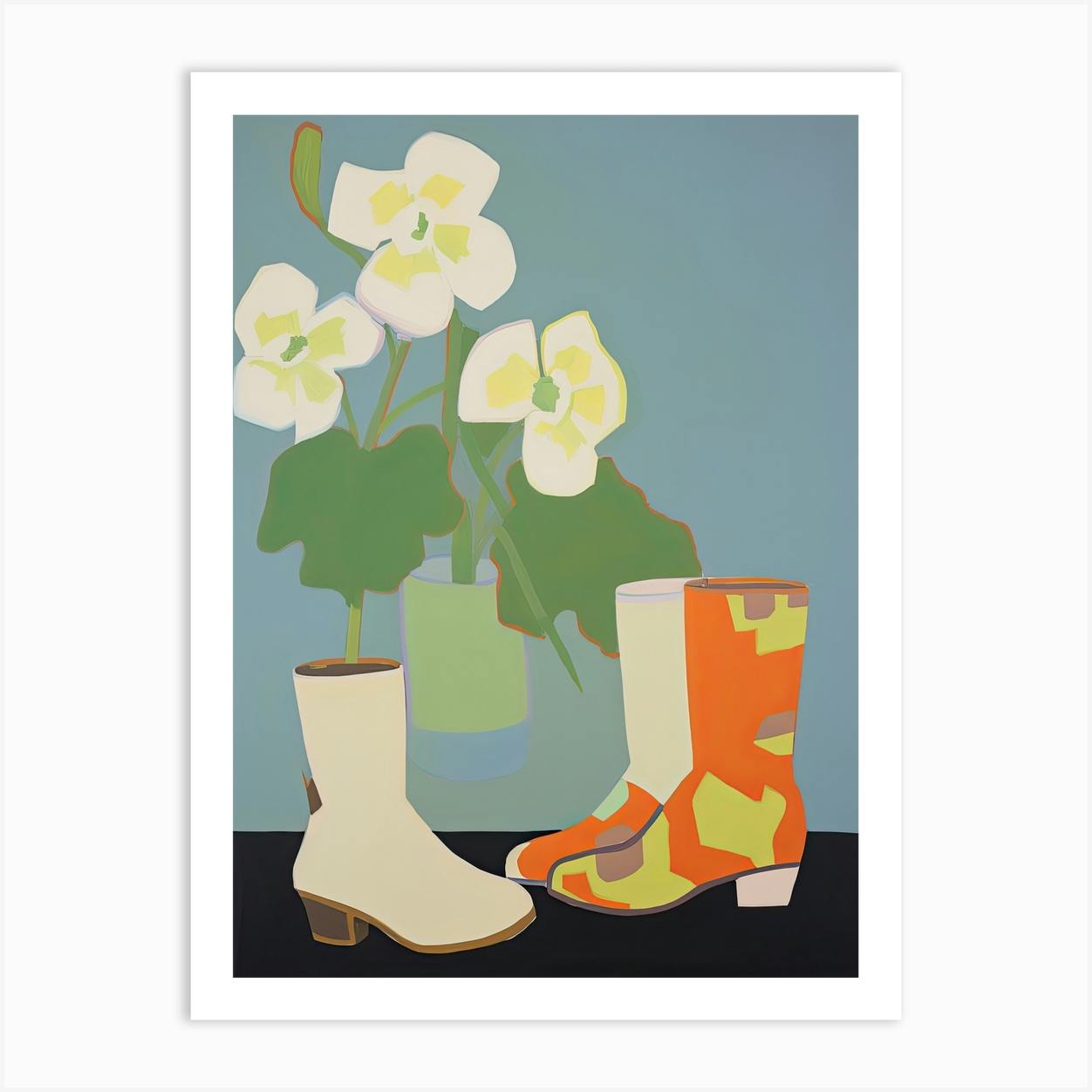 A Painting Of Cowboy Boots With White Flowers Pop Art Style 9 Art Print