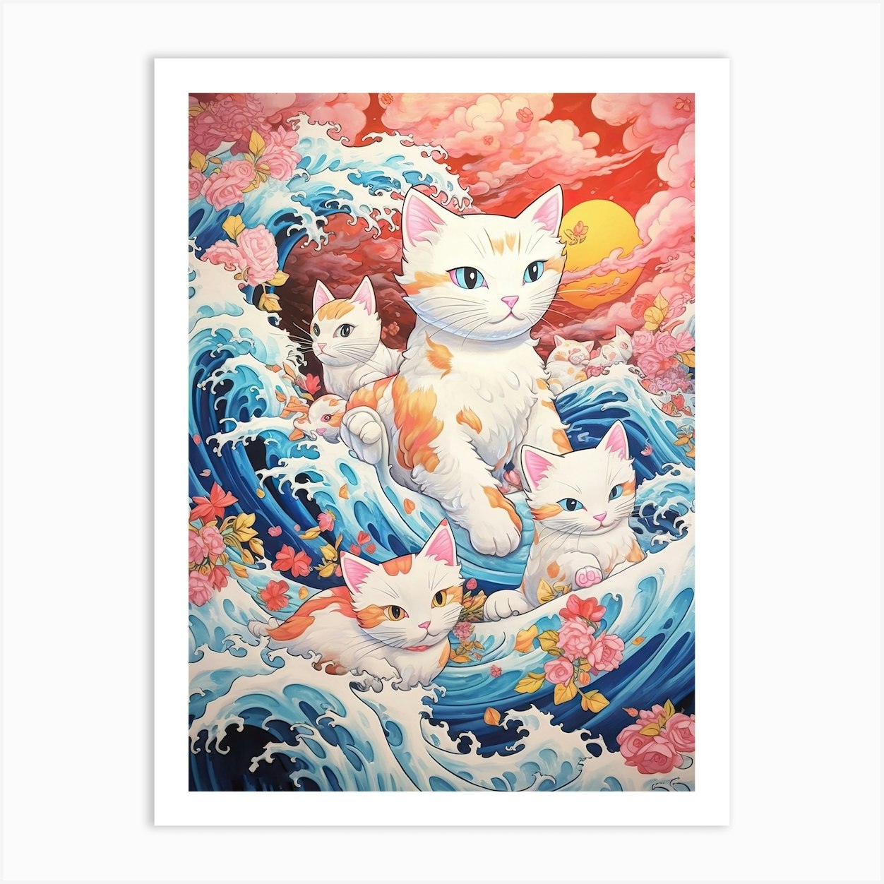 The Great Wave Off Kanagawa Cute Cats Kitsch Art Print by Mambo - Fy