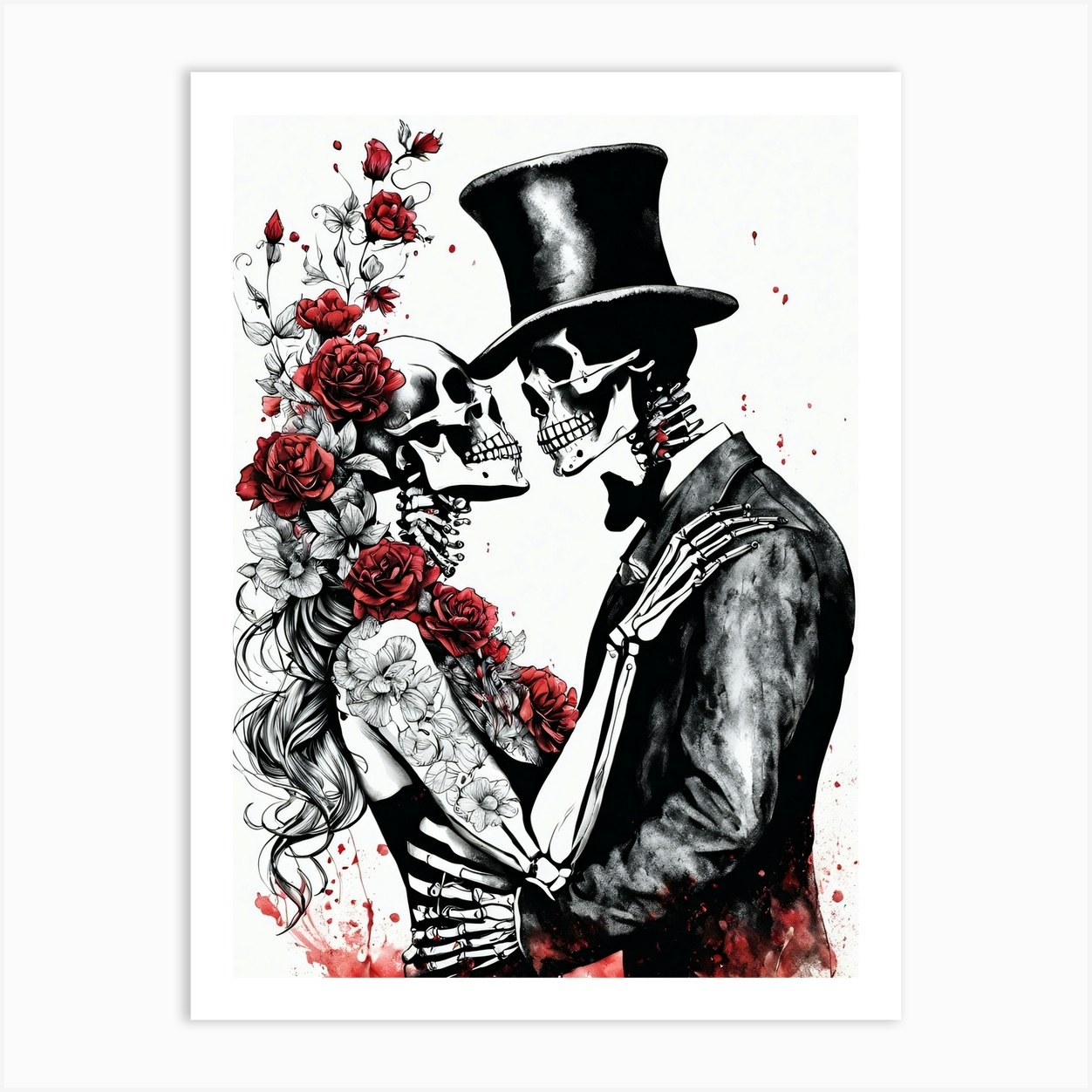 Floral Abstract Kissing Skeleton Lovers Ink Painting (12) Art Print by ...