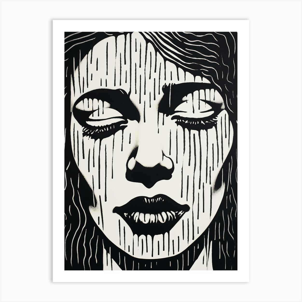 Black White Linocut Inspired Face In The Rain 3 Art Print
