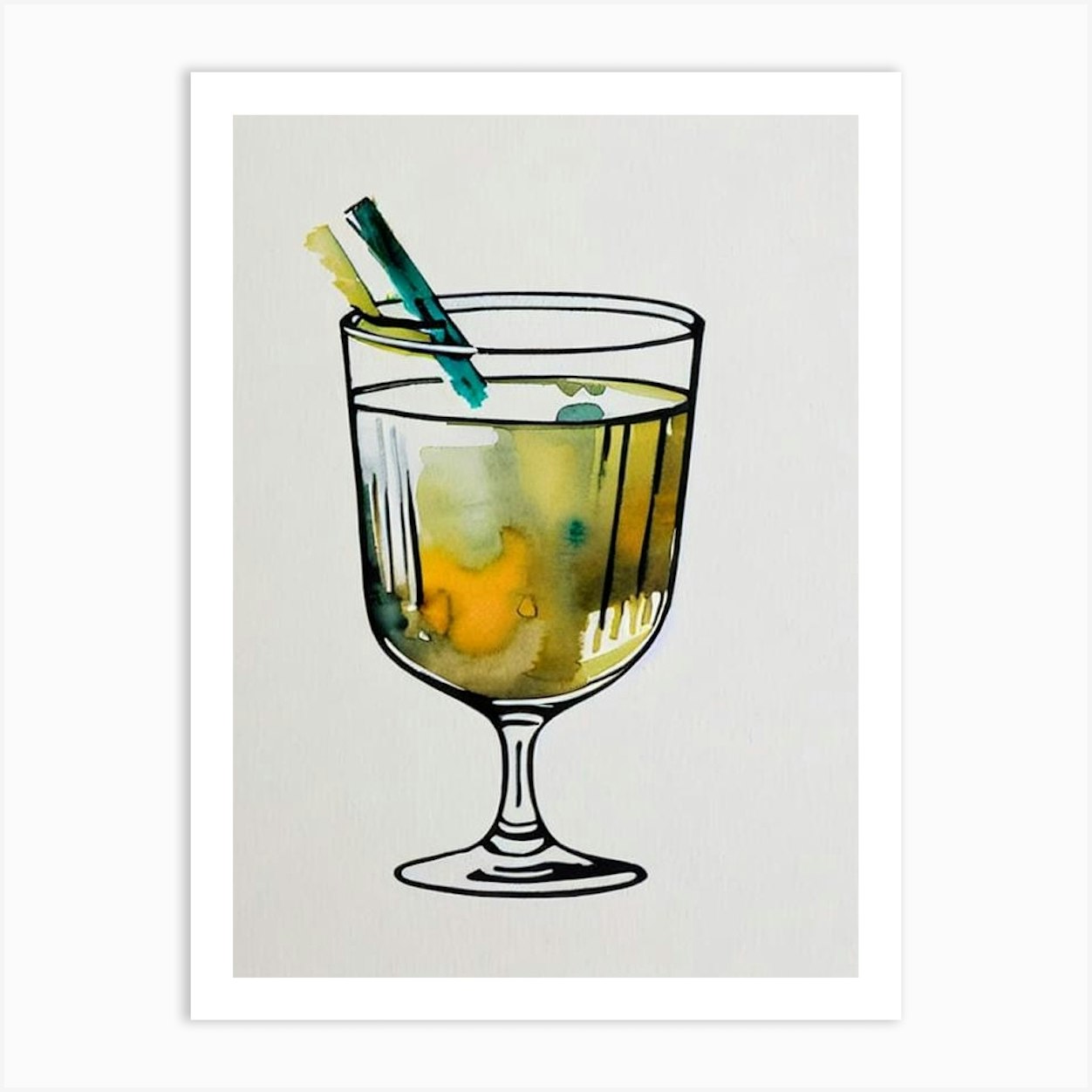 Dirty MCocktail Poster artini 2 Minimal Line Drawing With Watercolour ...