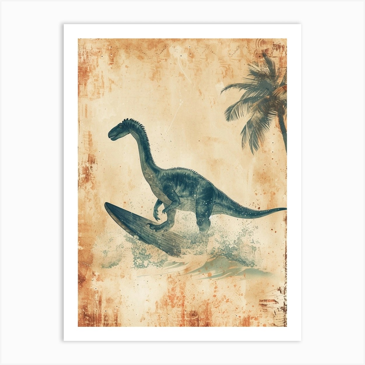 Vintage Therizinosaurus Dinosaur On A Surf Board 2 Art Print by ...