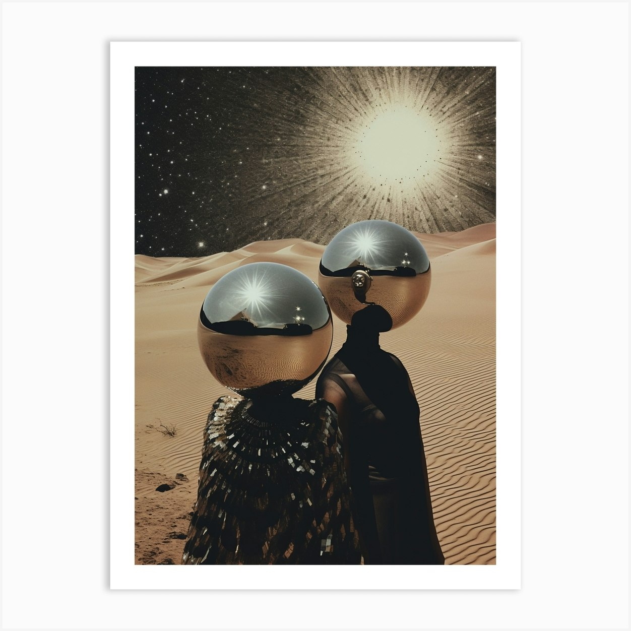 Cosmic surrealism of two people in the desert Art Print by LXA Designs - Fy