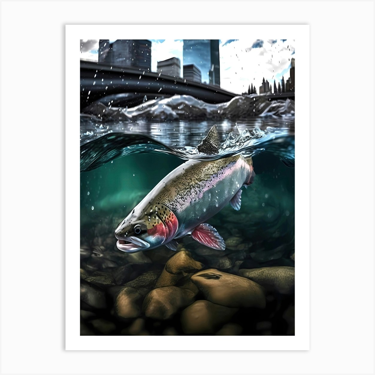 Calgary Cityscape And Trout Cresting Water Rainbow Trout Art Print by