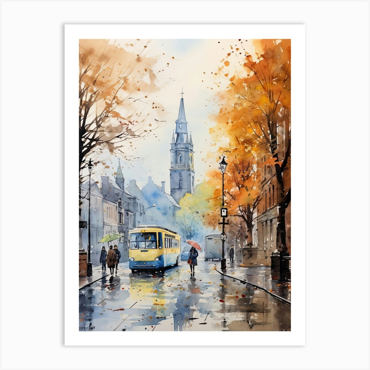 Dublin Ireland In Autumn Fall, Watercolour 4 Art Print by Travel Poster
