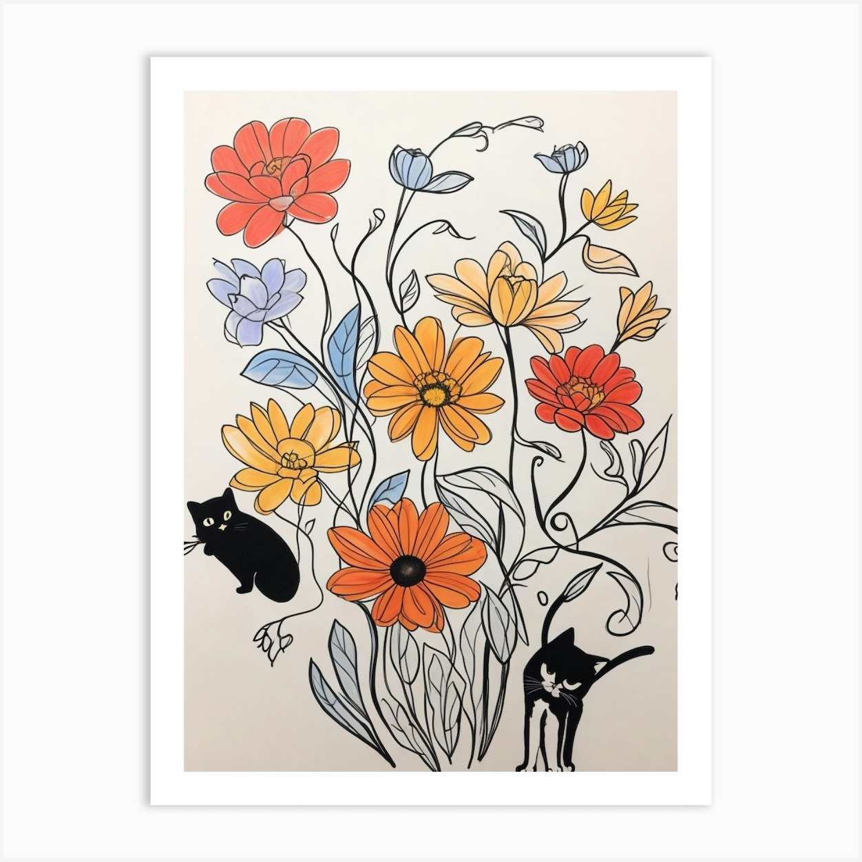 Cat And Flowers Luckycharms Art Print by Fy